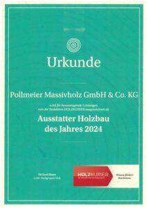 Urkunde - AUsstatter Holzbau des Jahres 2024